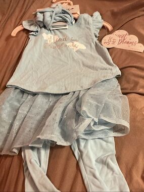 Sweet Dreams Light Blue Girls 3pc Matching Set - Top Skirt Leggings